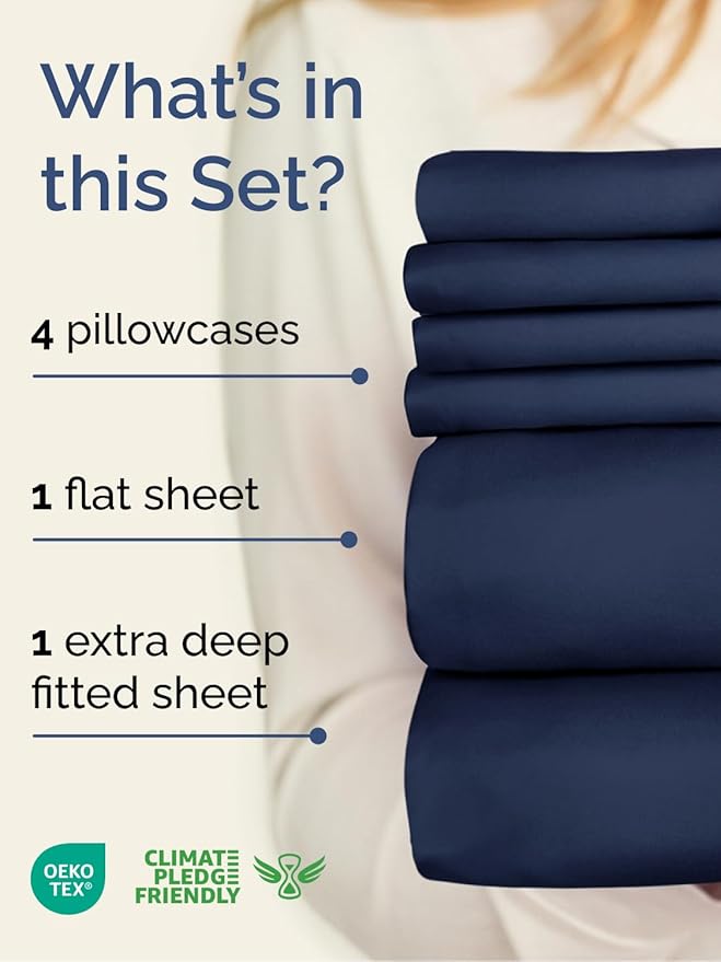 Extra Deep Cal King Sheet Set - 6 Piece Breathable and Cooling Sheets - Hotel Luxury Bedding for Women, Men, Kids & Teens - Easy & Secure Fit - Soft and Wrinkle Free - Extra Deep Pockets - Navy Blue