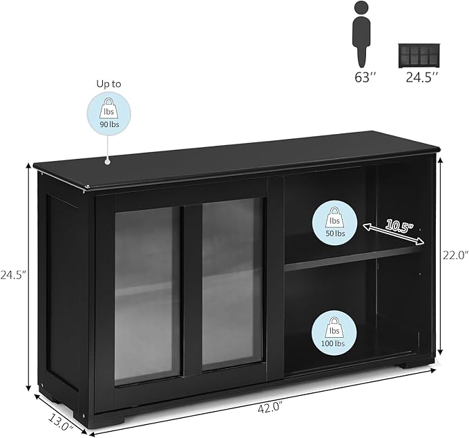 Byroce Sideboard Buffet Cabinet, Stackable Storage Coffee Bar Cabinet with Adjustable Shelf & Glass Sliding Doors, Wood Cupboard Credenza Console Table for Kitchen Dining Living Room (1, Black)