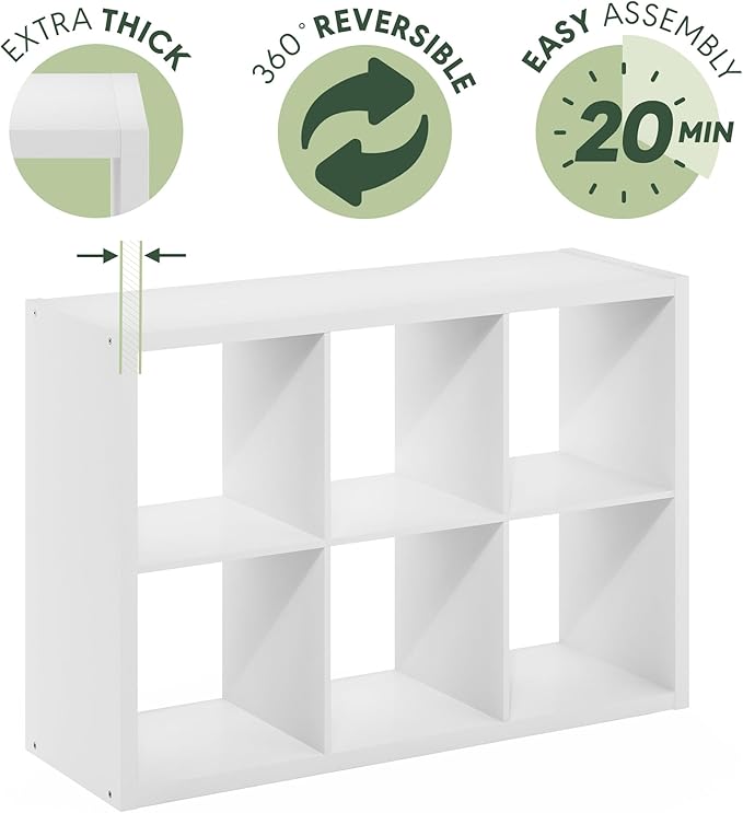 Furinno Cubicle Book Shelf, 6-Cube Bookshelf, Extra Thick Frame Horizontally & Vertically Reversible Bookcase with Open Back, 14.6" x 44" x 30", for Living Room, Bedroom, Home Office, White