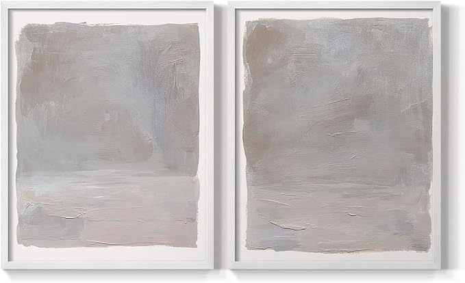 Renditions Gallery Set of 2 Peel & Stick Framed Prints, Watercolor Abstract Wall Art, Neutral Tones Textured Brushstrokes Wall Decor, Re-Stickable - Ready to Hang - 22"x28" - White Frame LT588