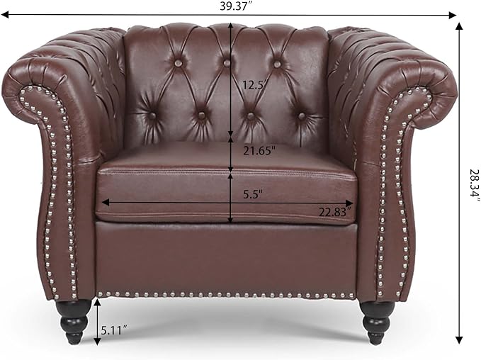 LEVNARY Leather Chesterfield Chair, Mid-Century Modern Single Sofa Chair, Tufted Upholstered Rolled Armchair for Home Bedroom Reading Room (Dark Brown)