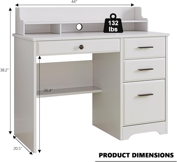 4 EVER WINNER White Desk with Drawers, 44 Inch Small Computer Desk with File Drawer and Monitor Stand, Wood Desk with Storage Shelf for Small Spaces, Living Room, Bedroom, White