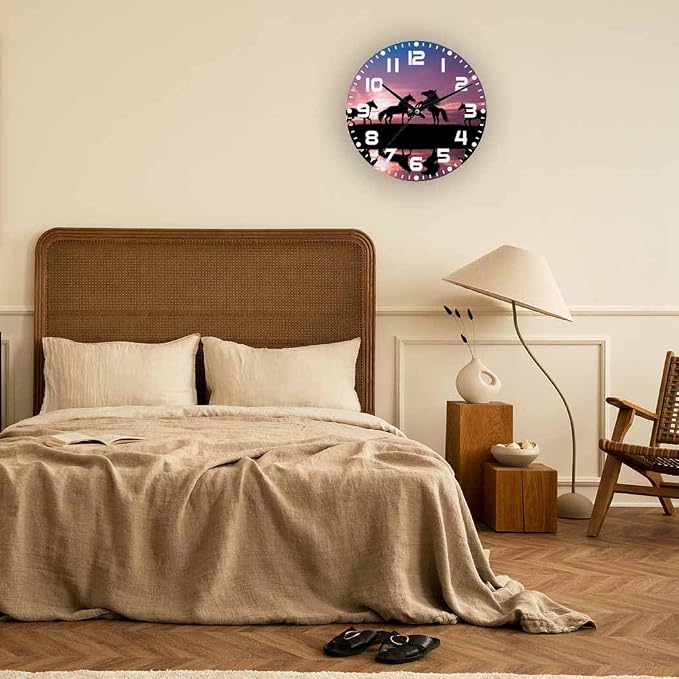 Horses Sunset Wall Clock Battery Operated Horses with Water Reflection Wall Clock Silent Non Ticking Quality Quartz 10 Inch Round Easy Clock to Read for Home Office