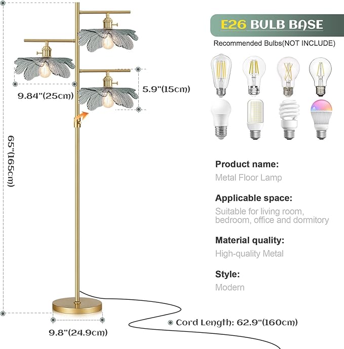 Dimmable Floor Lamp Farmhouse Floor Lamps for Living Room, Antique Brass Tree Lamp Standing Lamp Tall Lamps with Dark Green Glass Shade, Gold Flower Floor Light for Bedroom Corner Study Office
