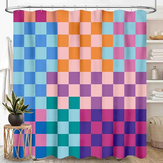 70S Checkered Shower Curtain, Retro Vintage Funky Hippie Aesthetic Groovy Rainbow Modern Checkboard Cute Colorful Purple Waterproof Fabric Bathroom Shower Curtain Set with Hooks, 72"x84" Inch