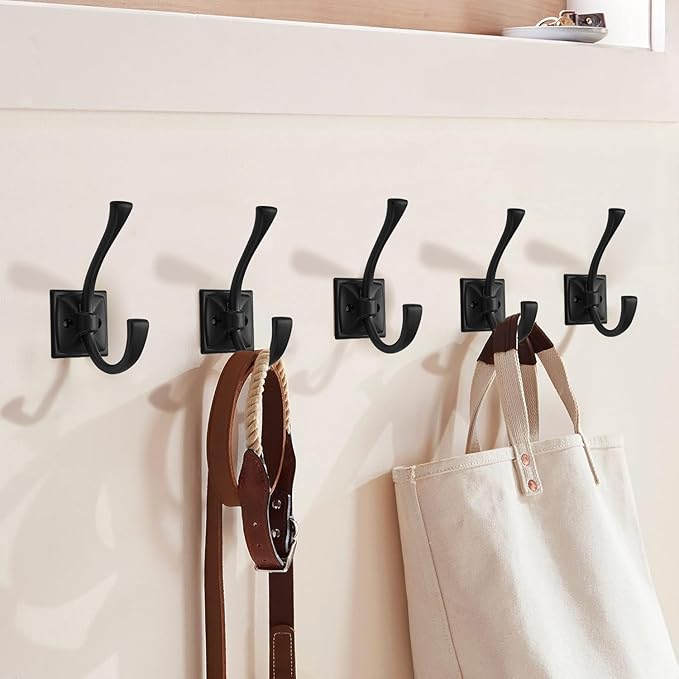 Large Wall Hooks 5 Pack Matte Black Coat Hooks Hardware Towel Hooks for Hanging Coats 4.35 Inch Double Robe Hooks Wall Mounted with Screws for Key, Towel, Bags, Cup, Hat