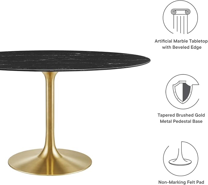 Modway Lippa Oval 54" Artificial Marble Mid-Century Modern Dining Table, Gold Black
