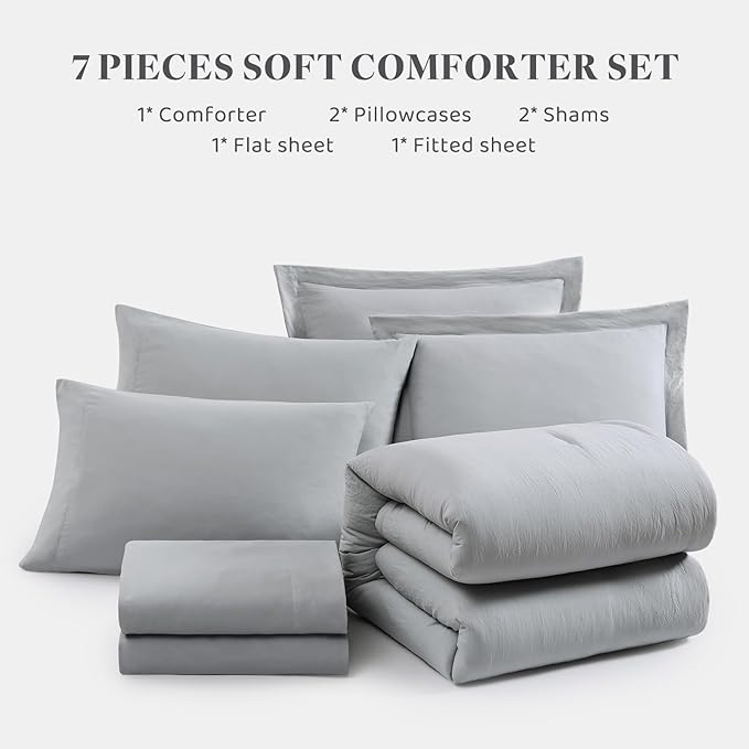 WRENSONGE Light Grey King Size Comforter Set- 7 Pieces Soft Microfiber King Size Comforter with Fitted Sheet, Flat Sheet, 2 Pillow Shams, and 2 Pillowcases- Warm King Bedding Set for All Season
