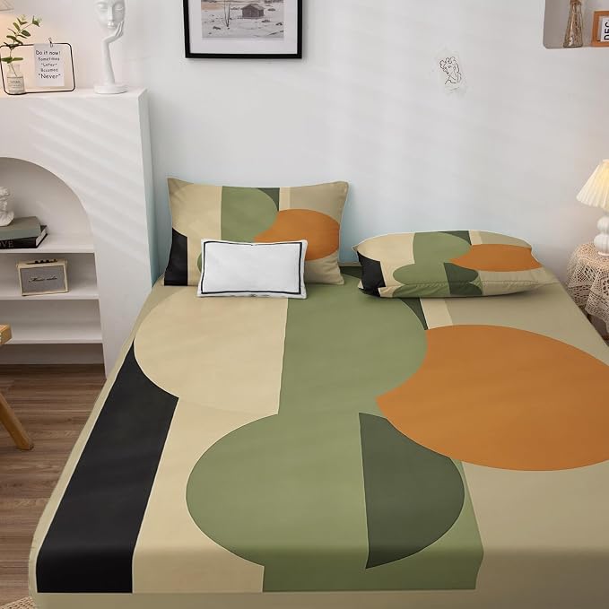 Mid Century Modern Sheets King Size, Neutral Geometric Bed Sheet Set, Olive Green Orange Bedding Sheet Sets 4 Piece, Soft Microfiber Deep Pocket Fitted Sheet & Flat Sheet & 2 Pillowcases