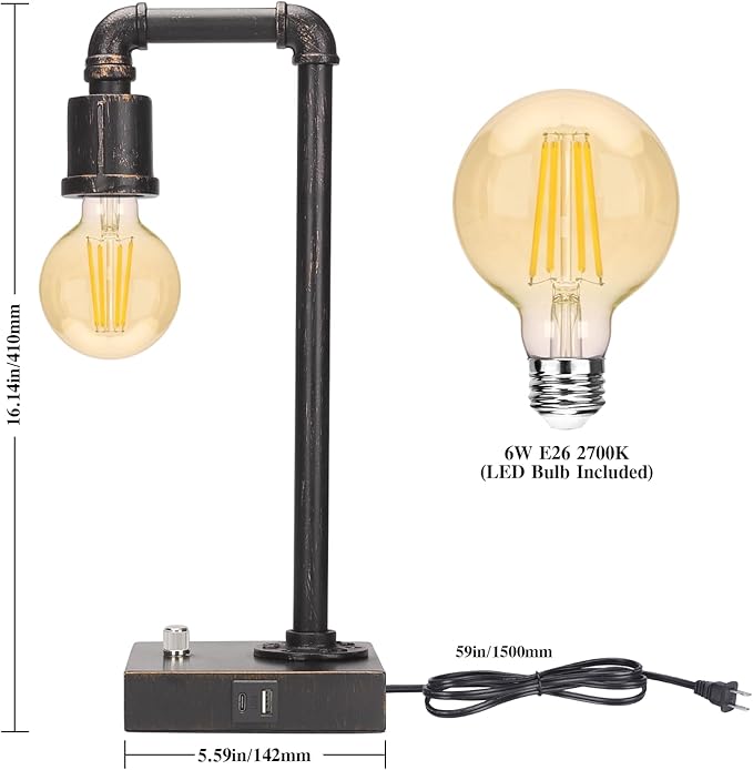 Industrial Table Lamp, Vintage Bedside Lamp with USB C and USB A Charging Ports, Dimmable Steampunk Office Lamp Metal Pipe Edison Reading Lamps for Bedroom, Dorm, Farmhouse Decor 6W LED Bulb Included