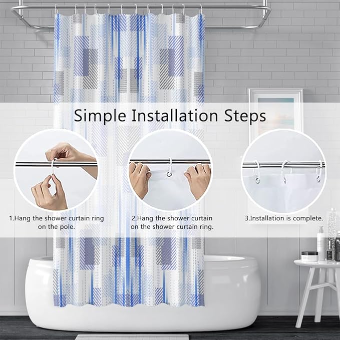 Abstract Style Shower Curtain Blue Grey Geometric Lines Pattern Shower Curtains for Art Aesthetic Bathroom Waterproof Fabric Decor Set with Hooks, 60W x 72H Inch