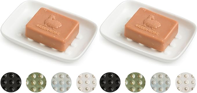Soap Dish, Ceramic Soap Holder Shower Soap Dish for Bar Soap Sponge, Soap Saver Tray for Bathroom Kitchen Sink, White (Pack of 2)