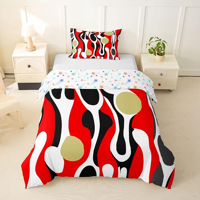 Erosebridal Mid Century Modern Abstract Duvet Cover Set Vintage Geometric Twin Bedding Sets for Girls Children Boys Contemporary Organic Shapes Comforter Cover Squiggle Blob Bed Set,Red Beige