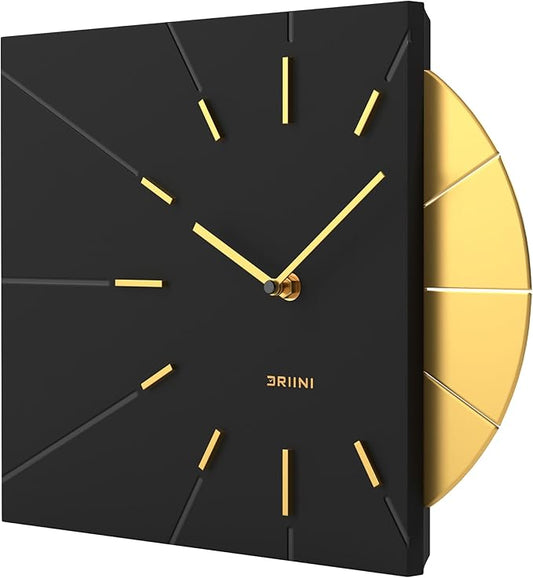 Driini Clocks Mid Century Modern Wall Clock - Square Black Clock with Decorative Gold Accent- Unique and Cool Clock, Battery Operated - MCM Decor & Decorative Wall Clock for Mid Century Modern Decor.