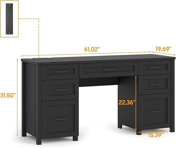 Farmhouse 61'' Executive Desk with 5 Drawers, Rustic Office Desk Computer Desk with Charging Station, File Drawers and Storage Cabinet, Wood Workstation for Home Office and Study,Pure Black