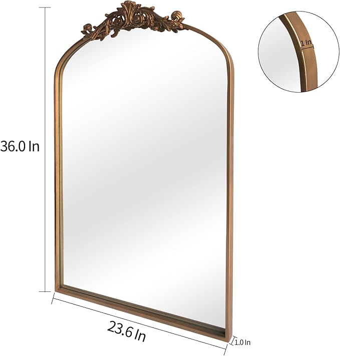 Gold Brass Mirror for Wall,Gold Traditional Vintage Ornate Baroque Mirrors,Victorian Antique Bronze Mirrors with Full Matel Frame,Arched Mirror for Entryway/Bathroom/Fireplace 24"X36"