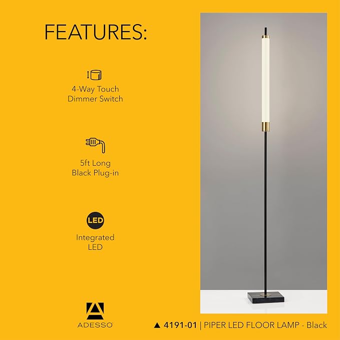Adesso LED Floor Lamp – Black with Antique Brass and Frosted Shade, 4-Way Brightness, 12W Integrated LED Accent Light for Living Room, Bedroom, and Home Office, 72” Tall