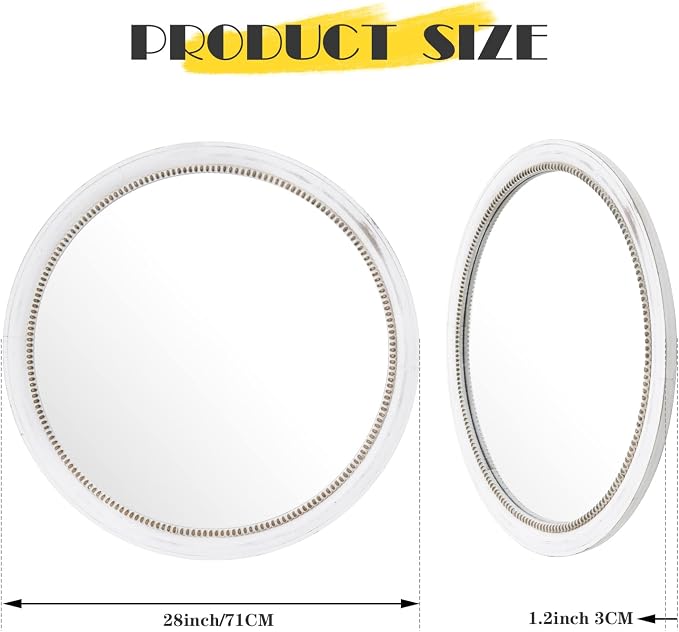 Rustic Farmhouse Mirror,28" White Natural Wooden Circle Wall Mirror,Round Decorative Wall Hanging Mirror with Beads for Bedroom, Living Room or Entryway