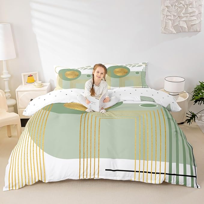 Erosebridal Green Abstract Boho Duvet Cover Full Size Mid Century Modern Comforter Cover Minimalist Aesthetic Neutral Bedding Set Botanical Leaves Simple Bed Set