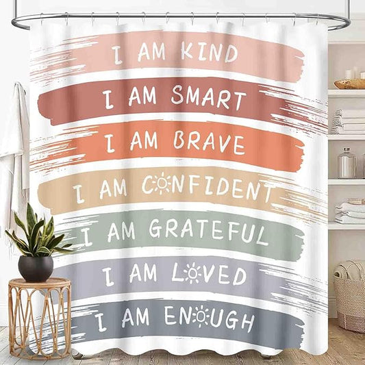 Boho Rainbow Shower Curtain, Cute Inspirational Motivational Quotes Cartoon Rainbow Colorful Pastel for Kids Girls Baby Waterproof Fabric Bathroom Shower Curtain Set with Hooks,72"x84" Inch