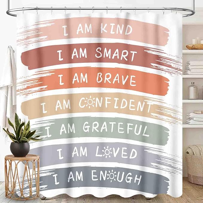 Boho Rainbow Shower Curtain, Cute Inspirational Motivational Quotes Cartoon Rainbow Colorful Pastel for Kids Girls Baby Waterproof Fabric Bathroom Shower Curtain Set with Hooks,72"x72" Inch