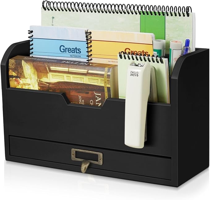Flexzion 3 Tier Wooden Desk Organizer - Country Rustic Mail Organizer Countertop Compartments Slot File Tray Pencil Sorter Shelf Holder Accessories Set with Storage Drawer for Home Office, Light Brown