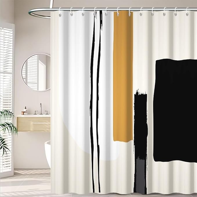 Abstract Geometric Shower Curtain for Bathroom Modern Minimalist Neutral Bathroom Decor Set Black and Beige Bathtub Curtain for Hotel Machine Washable Waterproof Polyester Fabric with Hooks 54x72 Inch