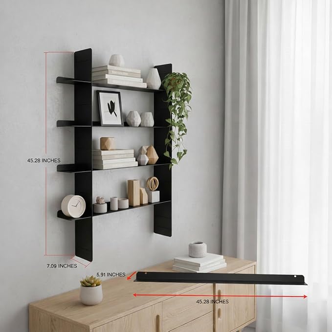 4 Tier Floating Wall Shelf, Metal Wall Mounted Book Shelf, Easy Install Metal Shelf, Heavy Duty Display Rack for Books, Decor, Bedroom, Living Room, Office (Black)