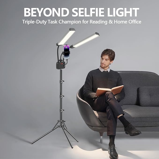 Selfie Light with 75'' Tripod Stand, Dimmable 3 Color LED Dual Arms Ring Light with Phone Holder & Carry Bag for Lash Tattoo Video Photography 45W 95CRI Tripod Floor Lamp