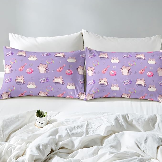 Erosebridal Cute Cat Duvet Cover Twin Purple Kitten Bedding Set Guitar Musical Notes Comforter Cover for Kids Girls Boys Adults Cartoon Pet Animals Bed Set