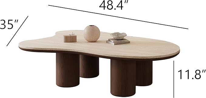 Cloud Shape Coffee Table, Walnut Wood Coffee Table for Living Room, Irregular Indoor Tea Table, 48.4" Modern Home End Table with 4 Legs(Stone, Brown)