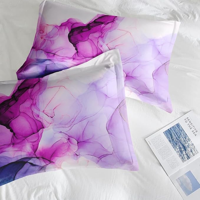Comforter Set with Pillowcase Twin Size, Blue Purple Lavender Marble, Bed Decor Pink Watercolor Smoke Abstract Shapes for Kids and Adults, Soft Cozy Bedroom Bedding Set