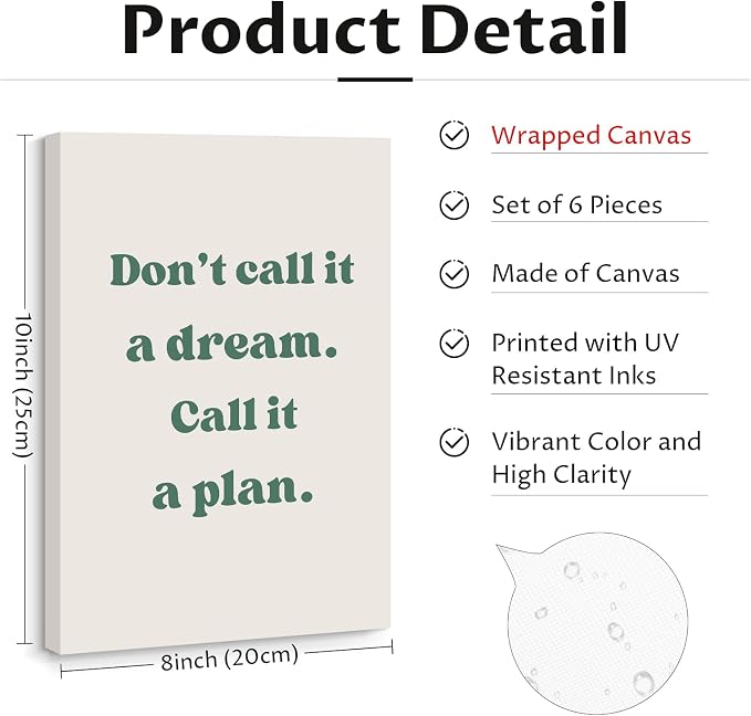 Office Wall Art Motivational Posters Inspirational Quote Canvas Wall Decor Office Positive Pictures Inspirational Classroom Art Motivational Work Prints for Gym Home 8x10 Inch Wrapped Canvas Set of 6