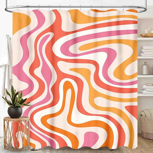 Hippie Shower Curtain for Bathroom, 70s Retro Colorful Orange Pink Wave Hippie Abstract Swirl Aesthetic Boho Funky Trippy Bright Waterproof Fabric Bath Shower Curtain Set with Hooks, 72"x78" Inch
