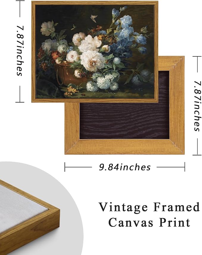 ARPEOTCY Vintage Framed Canvas Wall Art, Bathroom Hydrangea Peonies Floral Pictures Retro Wall Prints Decor, Bedroom Living Room Flower Paintings Farmhouse Moody Decor, 8x10 Inch