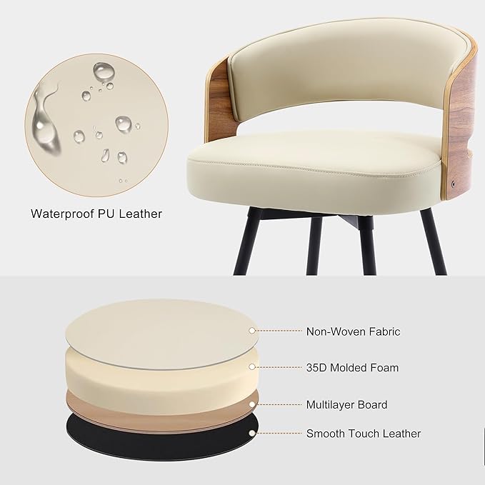 Swivel Bar Stools Set of 3, 26" Counter Height Bentwood Barstool, Upholstered Faux Leather Barstools with Walnut Back, Mid Century Modern Bar Chairs for Kitchen Island, Bar
