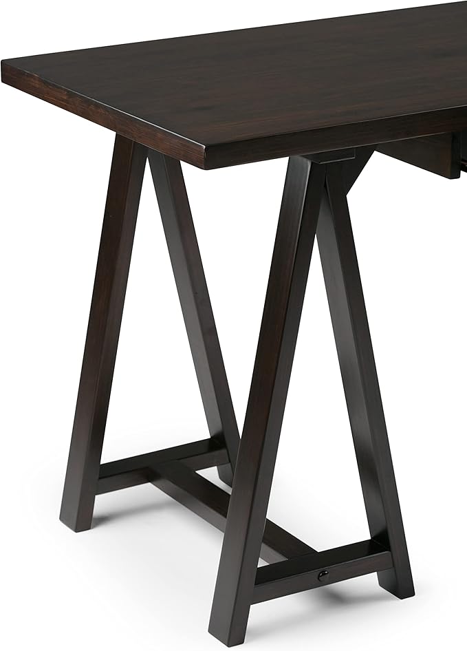 SIMPLIHOME Sawhorse Desk - 60 Inch Wide Solid Wood Writing Desk in Dark Chestnut Brown, Modern Industrial Home Office Computer Table for Workspace with Sawhorse Base and Integrated Keyboard Tray