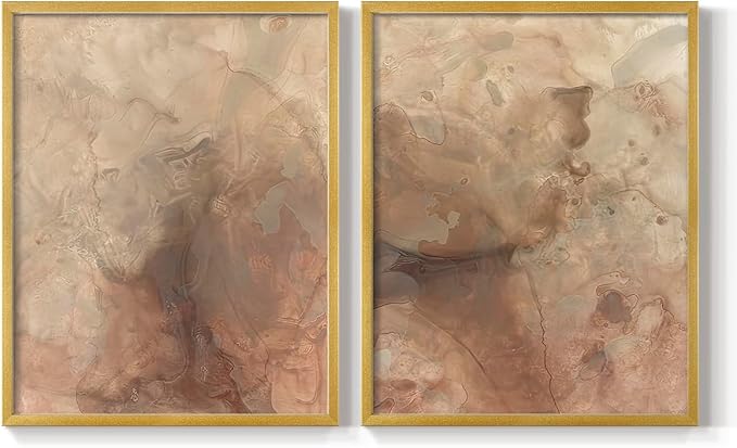 Renditions Gallery Set of 2 Peel & Stick Framed Prints, Abstract Wall Art, Brown Textured Marble Design Re-Stickable - Ready to Hang - 11"x14" - GOLD Frame LT588