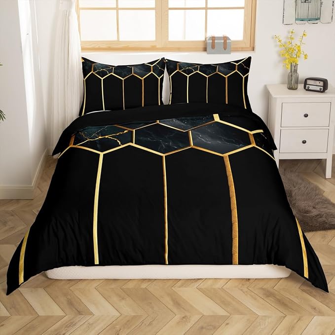 Erosebridal Marble Geometric Toddler Duvet Cover Honeycomb Comforter Cover for Kids Teens | Black Golden Beehive Hexagon Bedding Set Stripes Bed Set with 1 Pillow Case