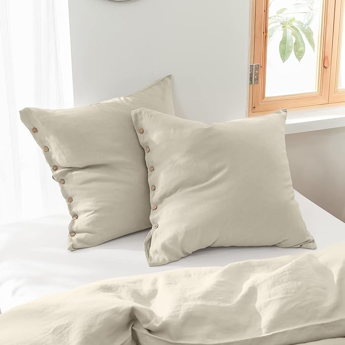 Simple&Opulence 100% Linen Euro Shams with Coconut Button (26'' x 26'') - Pack of 2 - Washed Solid Color Natural Flax Soft Breathable - Linen