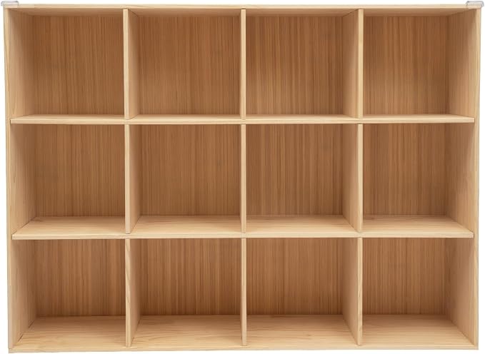 12-Cube Pine Wood Storage Organizer, Solid Wooden Bookshelf with Back Panel, 11in Shelf Opening Bookcase, Freestanding for Living Room, Bedroom, Office (47.2 x 11.8 x 35.4in)