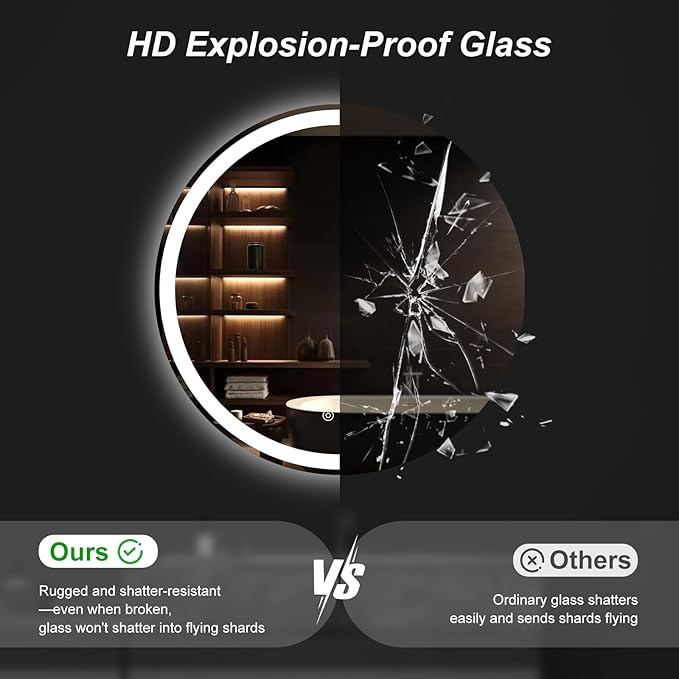 Sweetcrispy 28-Inch Round LED Bathroom Backlit Mirror with Lights, Circle Vanity Mirror with Anti-Fog, Dimmable, 3-Color Light, Memory Function, Tempered Glass