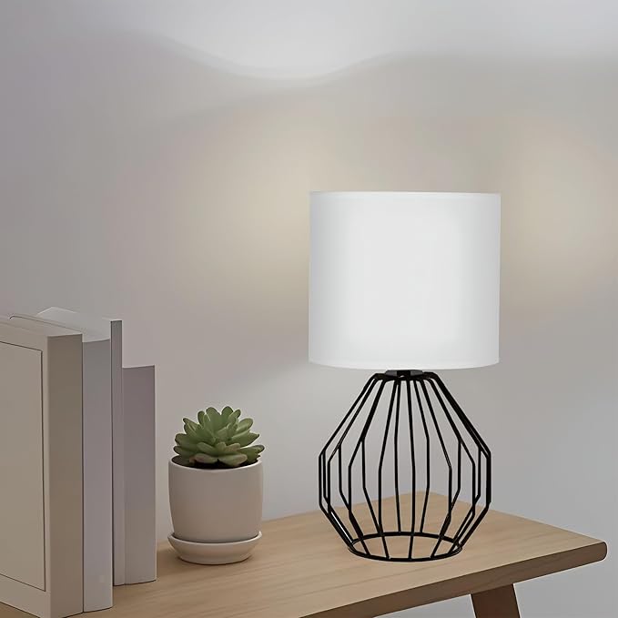 Small Table Lamp Black, Modern Minimalist Desk Lamp with Metal Base White Fabric Shade, Bedside Nightsand Table Lamp for Bedroom, Living Room, Kis Room
