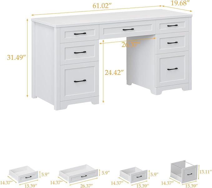 Vabches Farmhouse 61'' Executive Desk with 7 Drawers, Rustic Office Desk Computer Table with File Drawers, Wood Workstation for Home Office and Study,Cream White