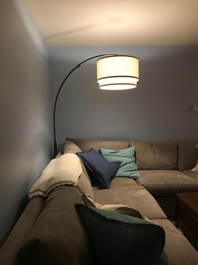 Brightech Mason Arc Floor Lamp - Modern Corner Standing Lamp with Unique Hanging Drum Lamp Shade for Living Room - Bright Overhead, Curved Hanging Light for Bedroom. Library, Den - Bronze