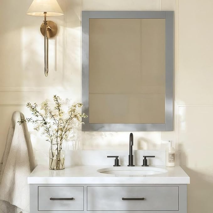 ARIEL Rectangular Wooden Mirror 24" x 32" in Grey, Flexible Horizontal/Vertical Hanging for Bathroom, Vanity, Entryway & Living Room Decor, Farmhouse Style
