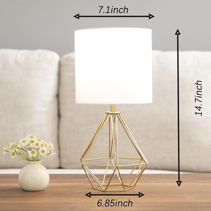 Gold Modern Small Table Lamp for Bedroom & Living Room - Geometric Metal Base, White Fabric Shade, Ideal for Bedside & Kids' Desk, Nightstand Lamp