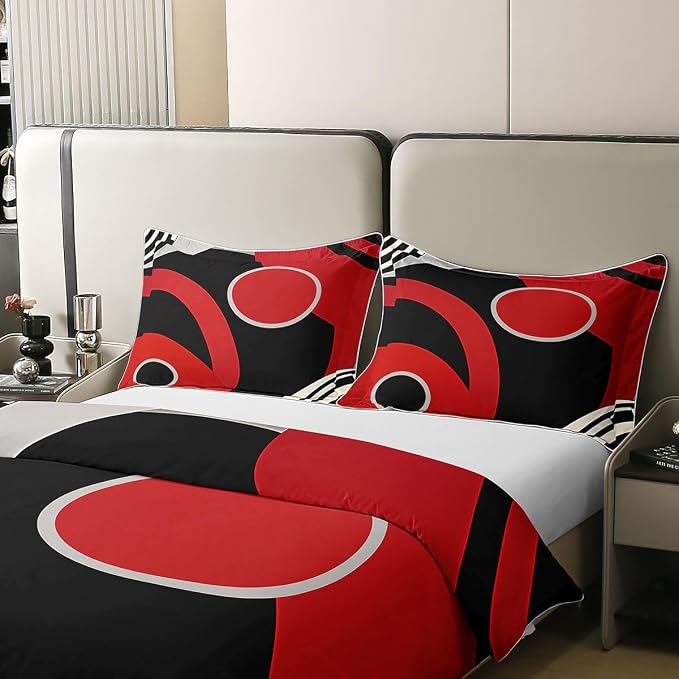 Erosebridal Red Black 100% Cotton Duvet Cover Twin Geometric Striped Bedding Set for Kids Teens Adults Circle Modern Design Comforter Cover Abstract Artistic Bed Set 2 Pcs