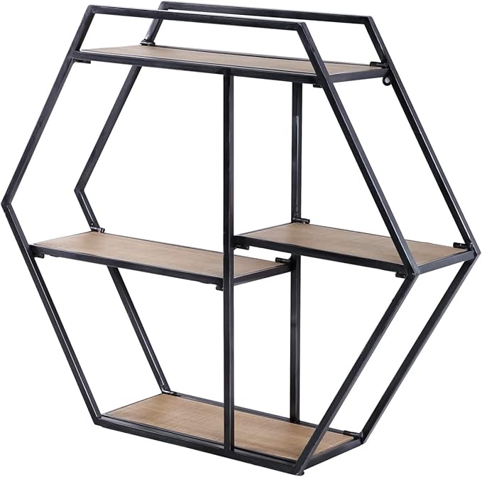Industrial Style Hexagon-Shaped Wall Shelves, 3 Tier Decorative Floating Ledge Shelves, Wall Mounted Metal Bracket Wooden Display Hanging Shelf