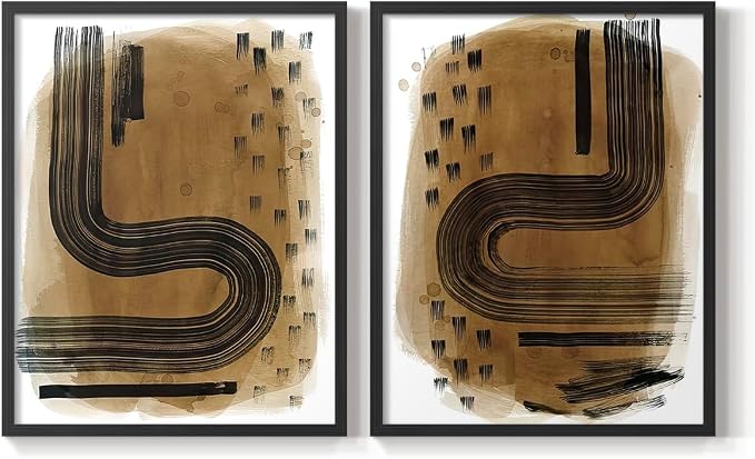 Renditions Gallery Set of 2 Peel & Stick Framed Prints, Abstract Wall Art, Hand Drawn Ink Curves Wall Decor, Re-Stickable - Ready to Hang - 22"x28" - Black Frame LT588
